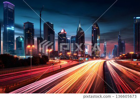 multi-lane highway with blurred traffic lights trails with large night city downtown in the background, neural network generated image multi-lane highway with blurred traffic lights trails with large night city downtown in the background, neural network generated image 136605673