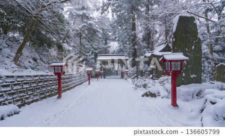 Snow scene at Joshinmon Gate of Takao-san Yakuo-in Temple 136605799