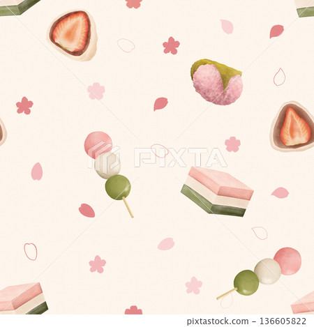 Spring Japanese sweets pattern - Sakura sweets seamless design Spring Japanese sweets pattern - Sakura sweets seamless design 136605822