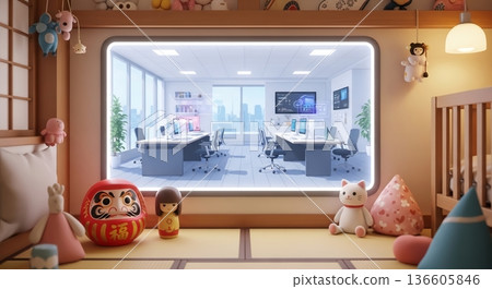 A futuristic virtual office connected from a Japanese-style room 136605846