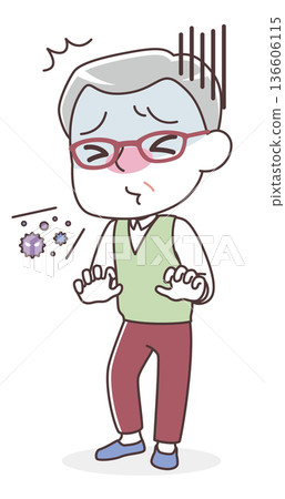 Illustration of a senior man sneezing (cold, allergy, hay fever) 136606115