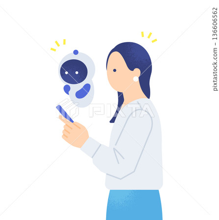 可愛的AI正在一起盯著螢幕。插圖描繪了一位女士透過AI觀察智慧型手機螢幕，從中獲得靈感的情景。 136606562