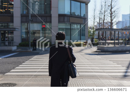 一位女商人背對著鏡頭,正在等待紅綠燈 一位女商人背對著鏡頭,正在等待紅綠燈 136606671