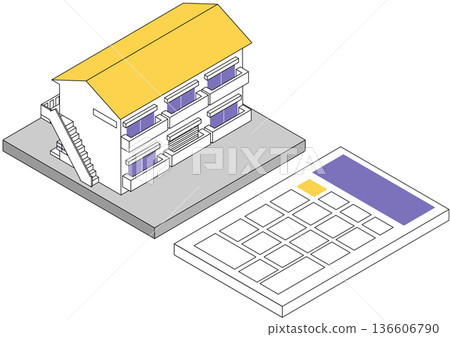 Isometric illustration of an apartment building and a calculator. Image of real estate and money. Isometric illustration of an apartment building and a calculator. Image of real estate and money. 136606790