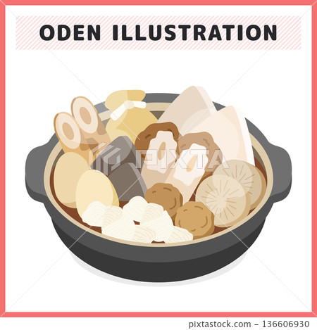 關東煮插圖。冬季日式食物向量素材，陶罐中盛滿了蘿蔔、竹輪等常見食材。 136606930