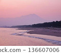 Landscape with sandy beach and mountains before dawn 136607006