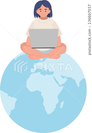 Remote Work Illustration Woman Using Laptop Sitting on Earth Globe Global Communication Concept Remote Work Illustration Woman Using Laptop Sitting on Earth Globe Global Communication Concept 136607037