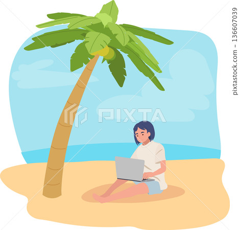 Remote Work Digital Nomad Woman Using Laptop on Tropical Beach Under Palm Tree. Work From Home Concept Remote Work Digital Nomad Woman Using Laptop on Tropical Beach Under Palm Tree. Work From Home Concept 136607039
