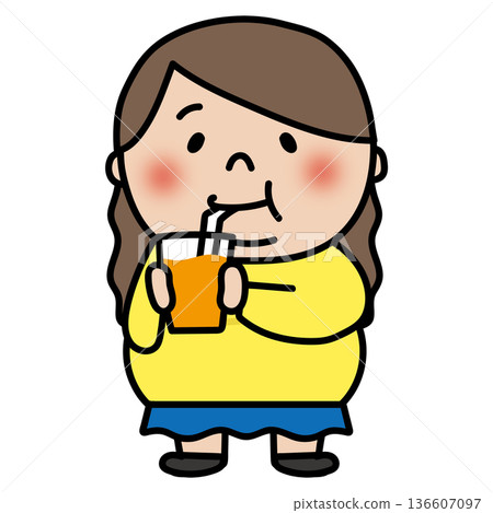 Chubby long-haired girl drinking juice 136607097
