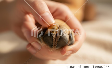 Macro shot of human hand applying moisturizing balm to a brown dog's paw and claws in warm natural light. 136607146