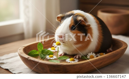 Cute tricolor guinea pig sniffing a daisy flower in a wooden spa bowl with mint leaves and water. 136607147