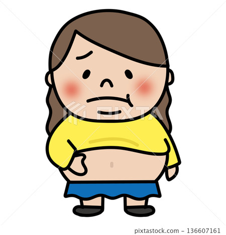 A chubby, long-haired girl pinching her belly fat 136607161