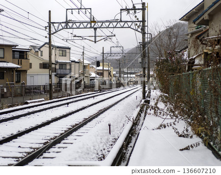 Snow-covered tracks of the Nose Electric Railway's Myoken Line Snow-covered tracks of the Nose Electric Railway's Myoken Line 136607210