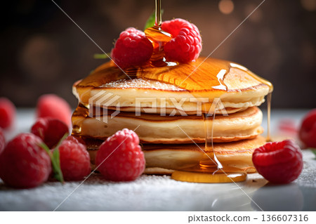 gorgeous delicious pancakes with honey and raspberries under daylight in nordic style, neural network generated photorealistic image 136607316