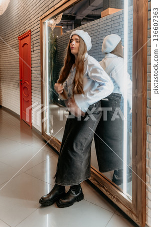 Beret Woman Mirror Reflection Fashion Style Cafe Interior Dressing 136607363