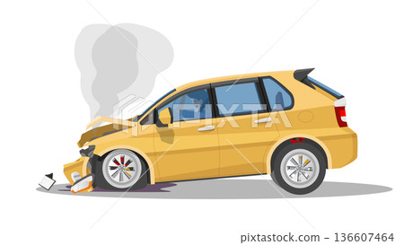 Yellow hatchback car was severely damaged. Bonnet was distorted. Front bumper has broken apart. Airbags deployed from steering wheel with driving inside. was smoke and an oil spill on isolated. 136607464