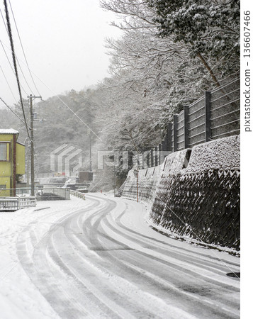 積雪覆蓋的道路和山林 積雪覆蓋的道路和山林 136607466