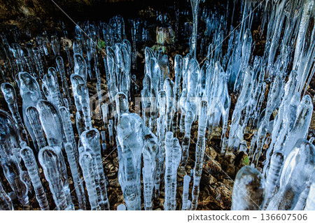 Hokkaido's spectacular winter scenery: the ice stalagmites of Hyakujojiki Cave 136607506