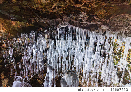 Winter Nature's Creations: The Mysterious Stalagmites and Icicles of Hyakujojiki Cave 136607510