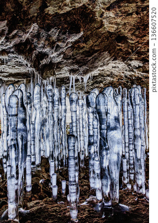 Winter cave scenery surrounded by an icy forest - Ice stalagmites in Hyakujojiki Cave 136607520