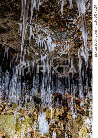 The frozen world inside the cave: Ice stalagmites and stalactites at Hyakujojiki Cave 136607524