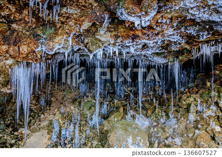 "Nyoronyoro" ice stalagmites growing in the Hyakujojiki Cave create a fantastic winter cave landscape 136607527