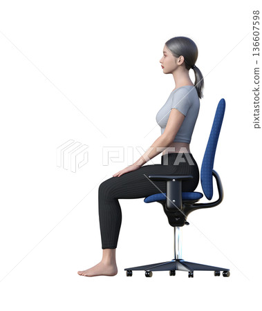 如何正確坐姿:一位女士以正確的姿勢坐在椅子上,背部挺直,側身全身照。 如何正確坐姿:一位女士以正確的姿勢坐在椅子上,背部挺直,側身全身照。 136607598