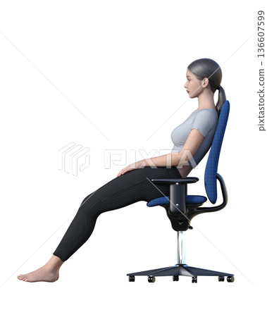 如何正確坐姿:一位女性側身倚靠在椅背上,採用骶骨坐姿的插圖。 如何正確坐姿:一位女性側身倚靠在椅背上,採用骶骨坐姿的插圖。 136607599