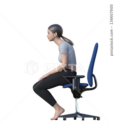 如何正確坐姿 插圖：一位女士弓著背，身體前傾，坐在椅子上 全身側視圖 136607600