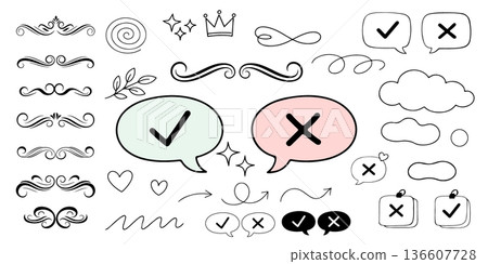 Minimal Hand Drawn Doodle Elements Set with Check Mark, Cross, Speech Bubbles and Decorative Swirls Vector Illustration 136607728