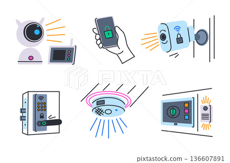 Smart home security devices collection. Flat vector illustration with baby monitor, smartphone lock, security camera, door lock, smoke detector, control panel. Cartoon style for technology, safety Smart home security devices collection. Flat vector illustration with baby monitor, smartphone lock, security camera, door lock, smoke detector, control panel. Cartoon style for technology, safety 136607891