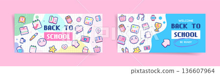 Pixel art back to school banner banner mockup set on pastel cute backgrounds, retro 8 bit stationery icons collage, kawaii education web headers and covers, digital illustration Pixel art back to school banner banner mockup set on pastel cute backgrounds, retro 8 bit stationery icons collage, kawaii education web headers and covers, digital illustration 136607964