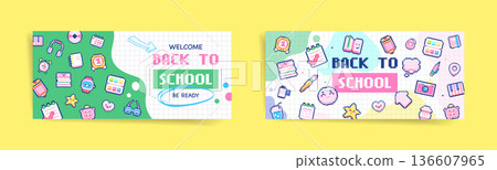 Pixel art back to school banner set, retro 8 bit kawaii stationery icons on grid background, colorful education web header and cover templates, digital illustration Pixel art back to school banner set, retro 8 bit kawaii stationery icons on grid background, colorful education web header and cover templates, digital illustration 136607965
