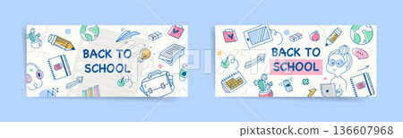 Back to school colorful doodle banner set with notebook paper and school icons, modern line art stationery background, education web headers and covers, vector illustration Back to school colorful doodle banner set with notebook paper and school icons, modern line art stationery background, education web headers and covers, vector illustration 136607968