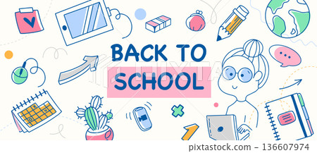 Back to School cute student banner with doodle icons and notebook background, education web poster template, vector illustration 136607974