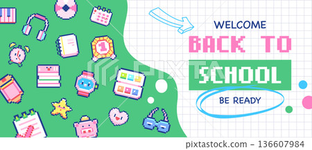 Welcome Back to School pixel art banner with green wave background and grid paper, retro 8bit school supplies icons collage, education flyer template, digital illustration Welcome Back to School pixel art banner with green wave background and grid paper, retro 8bit school supplies icons collage, education flyer template, digital illustration 136607984