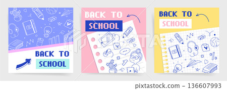 Back to school square banner set with doodle school icons, pastel retro social media cover template, vector illustration collection 136607993
