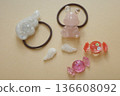 Handmade resin parts lined up against a warm-colored background 136608092