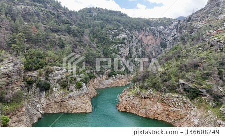 River winding valley. Reservoir in the mountains with turquoise water  136608249