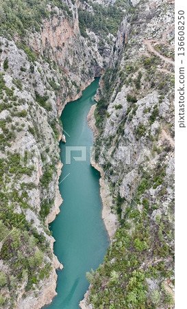 River winding valley. Reservoir in the mountains with turquoise water  136608250