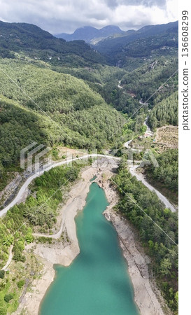 River winding valley. Reservoir in the mountains with turquoise water  136608299
