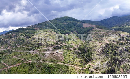 Mountainous winding road. mountain landscape view from above Mountainous winding road. mountain landscape view from above 136608365