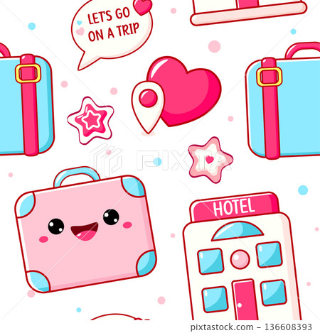 Vector Seamless pattern with cute vacation sticker. Endless texture can be used for textile pattern fills, t-shirt design, wrapping paper, web page background. Summer holiday, travel, adventure themed 136608393