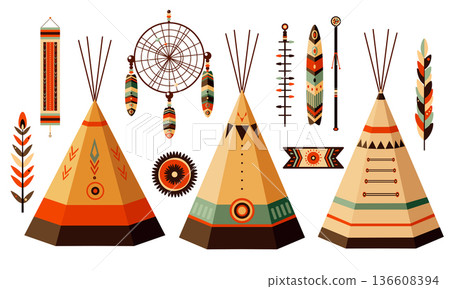 American Indian tribal native vector. Set of element in boho style. Traditional cultural feather, teepee, wigwam, dream catcher, ornaments. Can be used for t-shirt print, sticker, badge, greeting card American Indian tribal native vector. Set of element in boho style. Traditional cultural feather, teepee, wigwam, dream catcher, ornaments. Can be used for t-shirt print, sticker, badge, greeting card 136608394