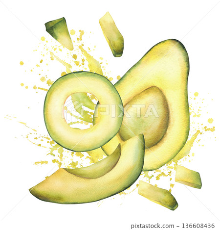 Avocado slices, pieces and half fruit. Dynamic food composition on yellow, green watercolor splashes stains spotted background Hand drawn isolated illustration for vegetables packaging, menu, cosmetic 136608436