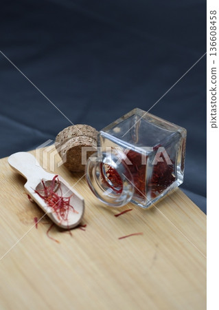 Saffron threads jar. macro photography of saffron spice. High quality 4k footage 136608458