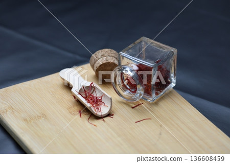 Saffron threads jar. macro photography of saffron spice. High quality 4k footage 136608459