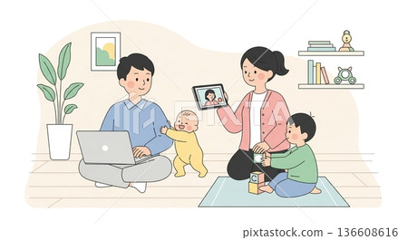 在家工作讓家人保持聯繫,透過視訊通話溝通。 在家工作讓家人保持聯繫,透過視訊通話溝通。 136608616