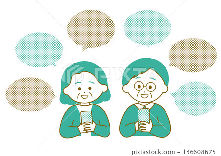 一對老年夫婦正在使用智慧型手機進行社群媒體互動。 136608675