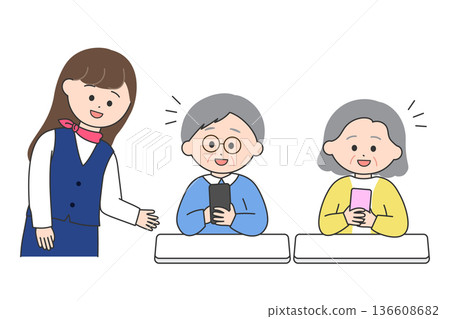 A woman explaining how to use a smartphone and elderly men and women receiving instructions 136608682